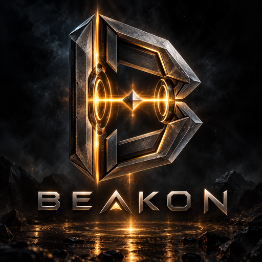 The Beakon mark: a chiselled metal letter B with a burning gold beacon at its centre, standing on dark rock.