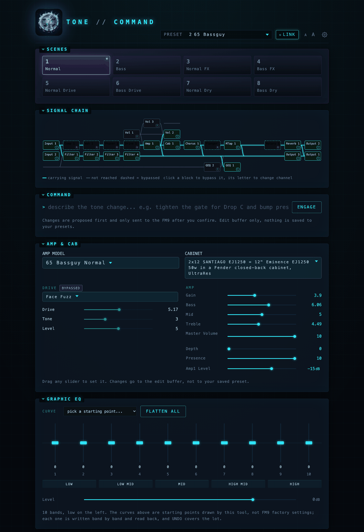 The ToneCommand interface, showing scenes, the signal chain, the command box, the amp and cabinet panel and the graphic EQ.